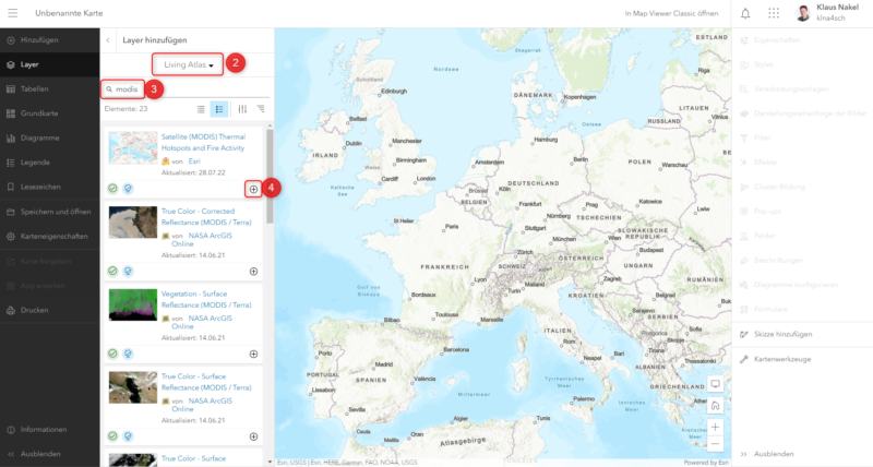 MODIS-Livedaten im Living Atlas suchen und hinzufügen