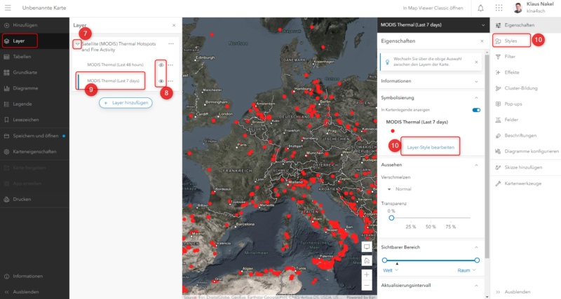 MODIS-Livedaten für die letzten 7 Tage auswählen