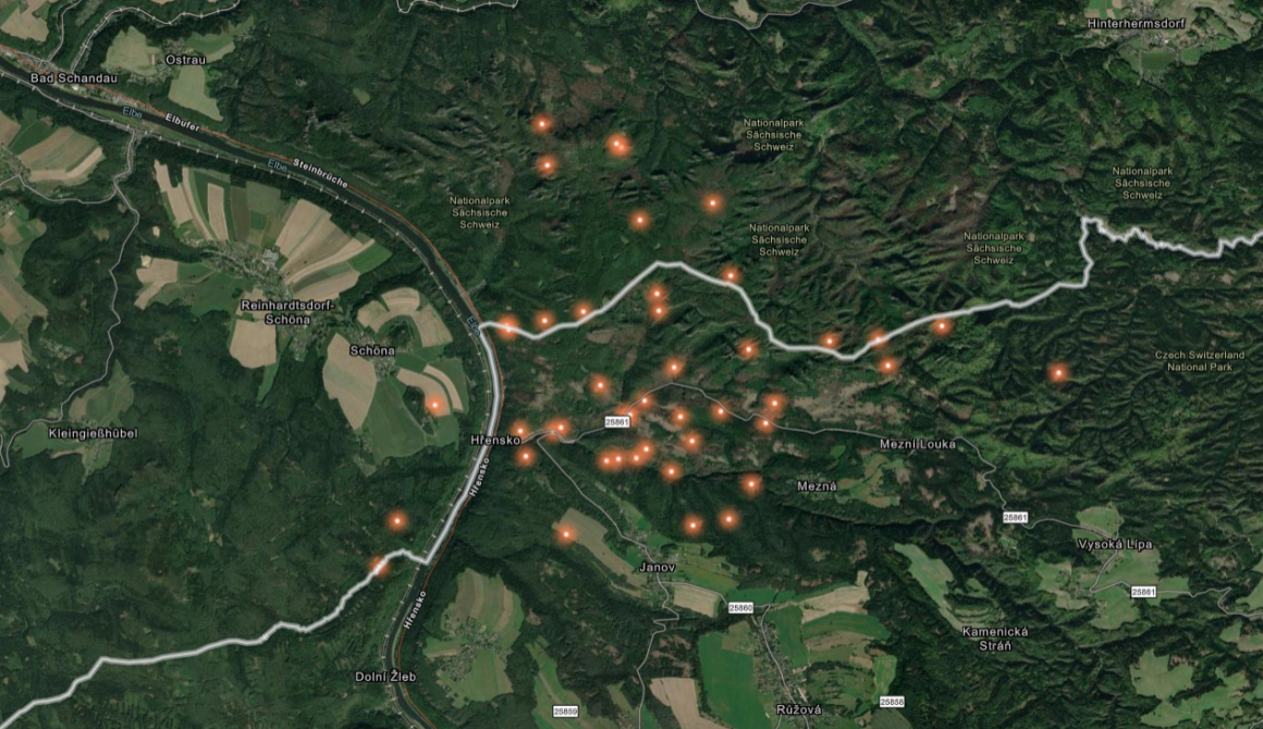 Viele Punkte aus den MODIS-Livedaten zeigen die Brände im Nationalpark Sächsische Schweiz