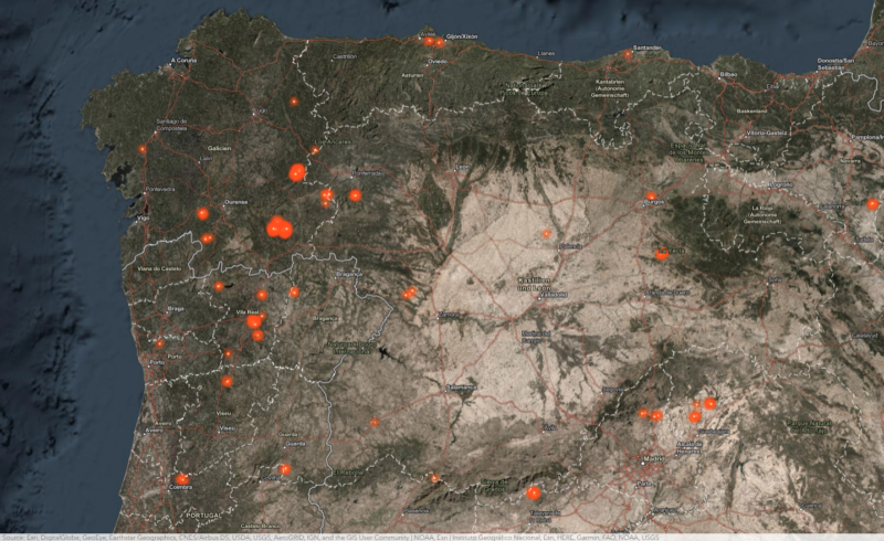 MODIS-Livedaten in der Detailansicht an der Atlantikküste Spaniens und Portugals.