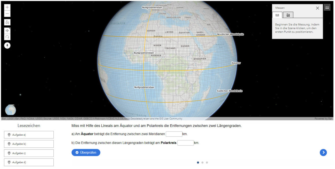 Screenshot mit digitalem Globus und interaktive Aufgabe mit H5P aus dem Unterrichtsbeispiel Gradnetz aus dem neuen Booklet.