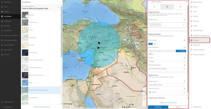 Puffer Analyse zu Erdbeben im neuen Map Viewer