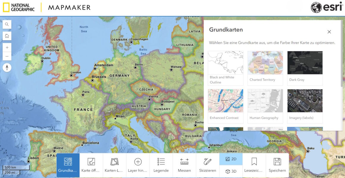 Screenshot aus dem neuen MapMaker für Schulen (National Geographic Basemap)